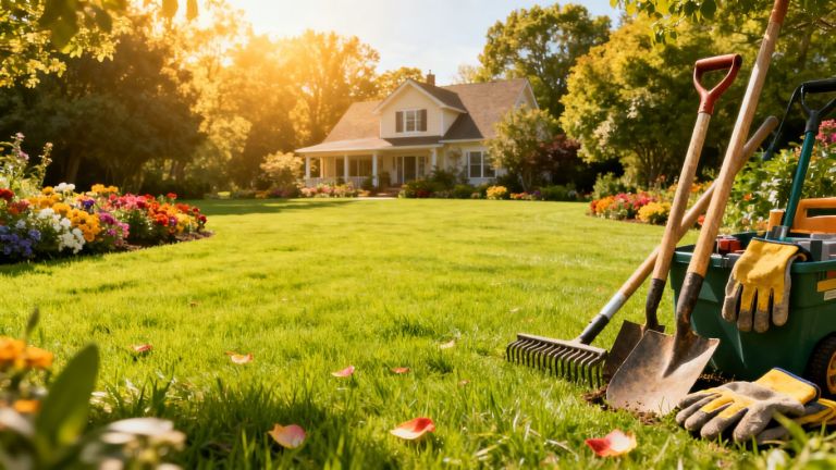 Lush green lawn and professional landscaping tools.