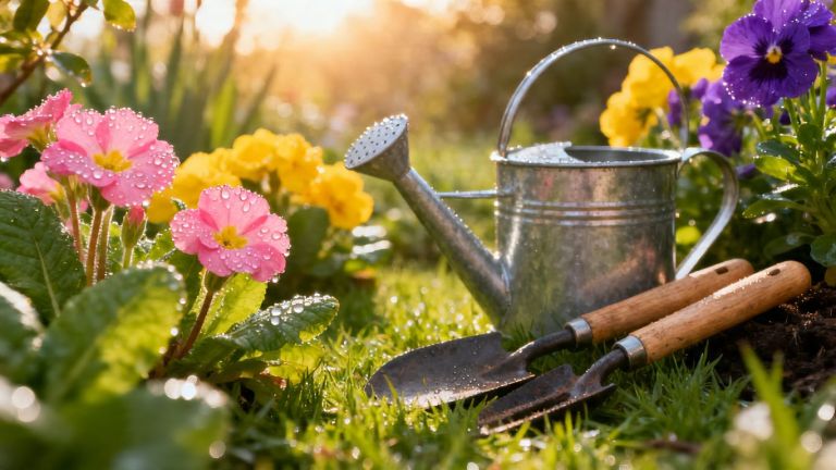 Spring garden with flowers and gardening tools.