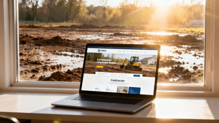 Contractor website on laptop, spring sunlight, muddy season transition.