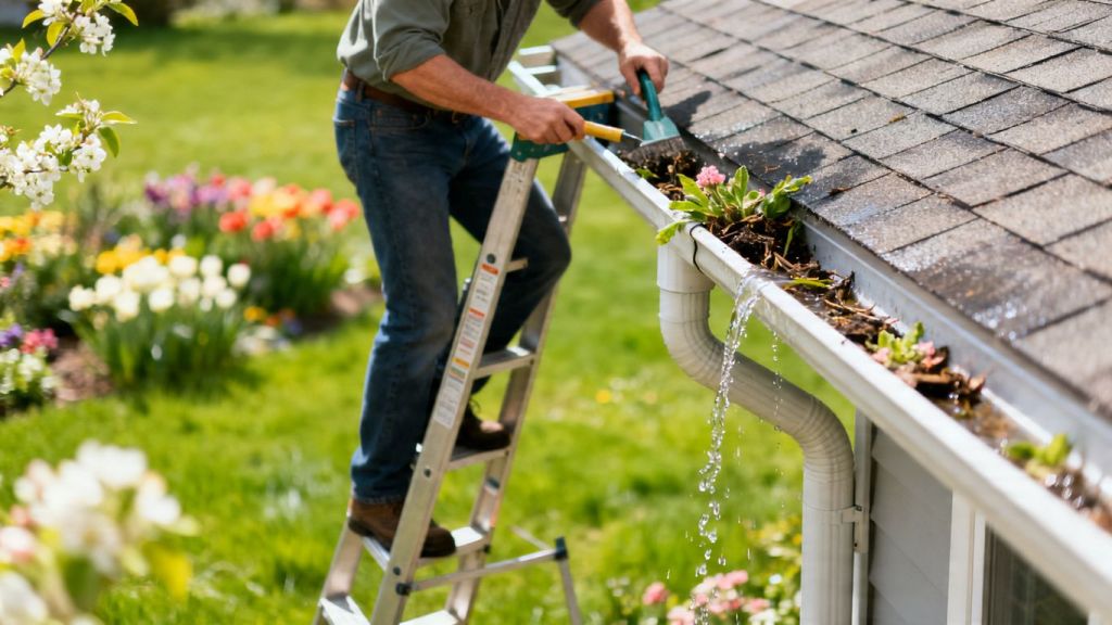 Homeowner cleaning gutters during spring runoff.