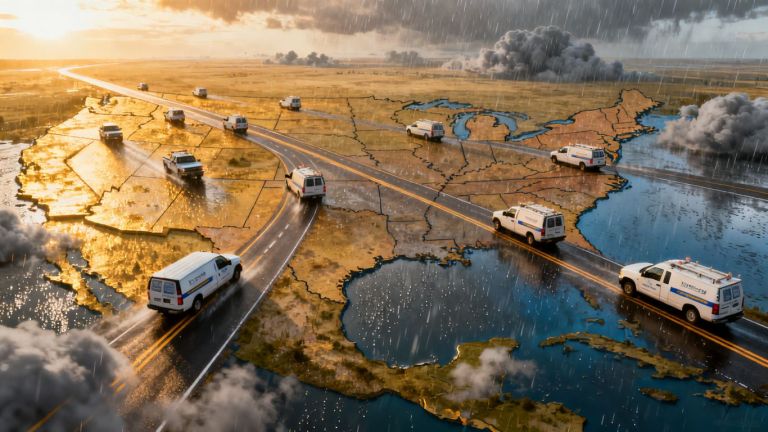 Storm crews' service vehicles across the US map.