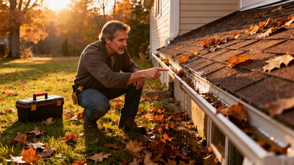 Homeowner fixing gutter with autumn leaves and toolbox.