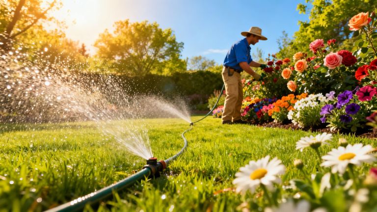 Landscaper working on a green lawn with sprinklers.