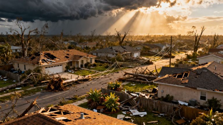 Neighborhood damaged by storm with debris and downed trees.