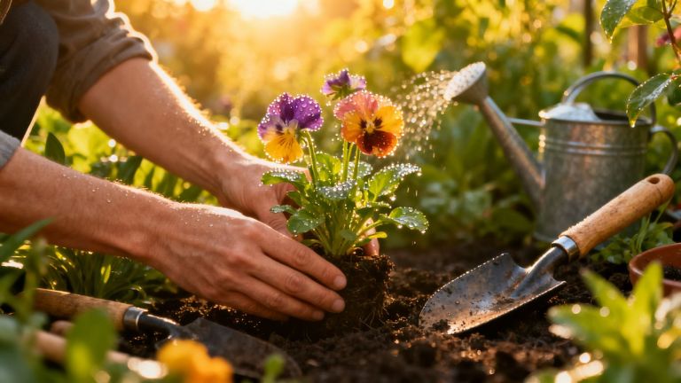 Spring garden with blooming flowers and hands tending plants.