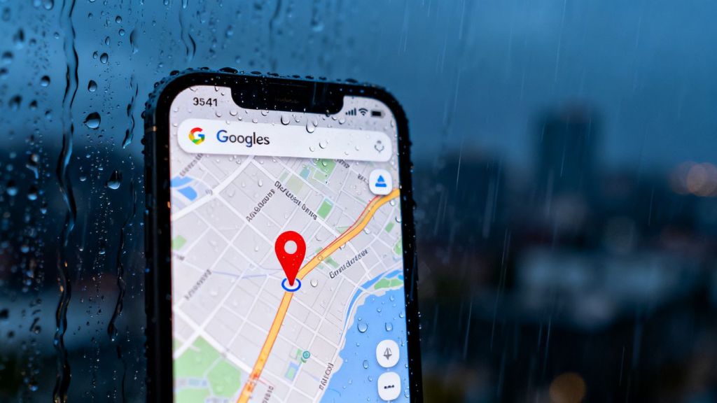 Google Maps on a rainy day with a business pin.