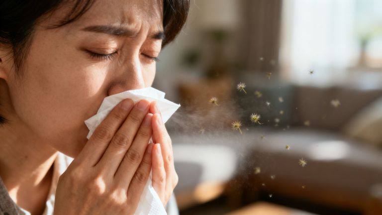 Person sneezing indoors during pollen season.