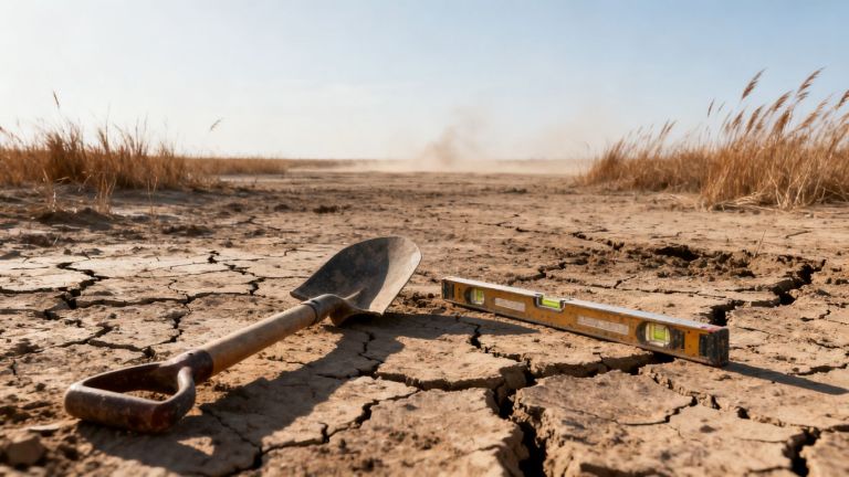 Contractor tools on dry earth with windblown grass.