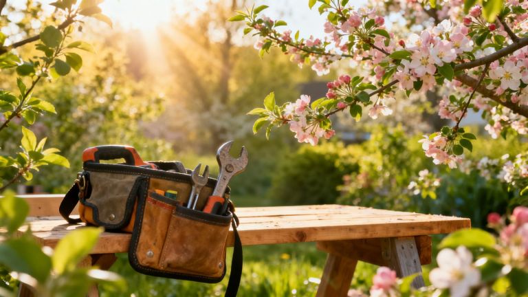 Contractor's tool belt in a spring garden.