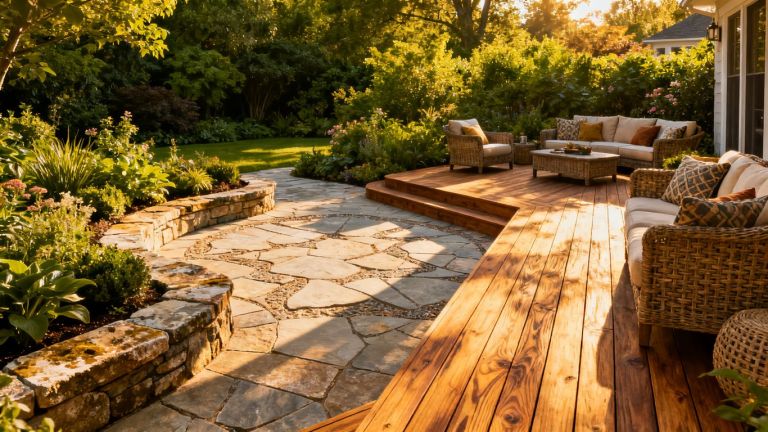 Deck and patio outdoor living space with landscaping.