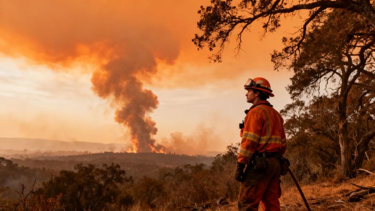 Wildfire mitigation contractor working near smoky, hot conditions.