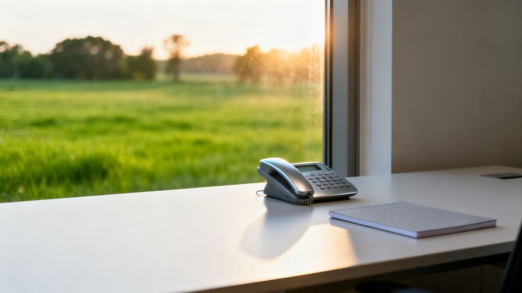 Office desk phone and sunlit window with green landscape.