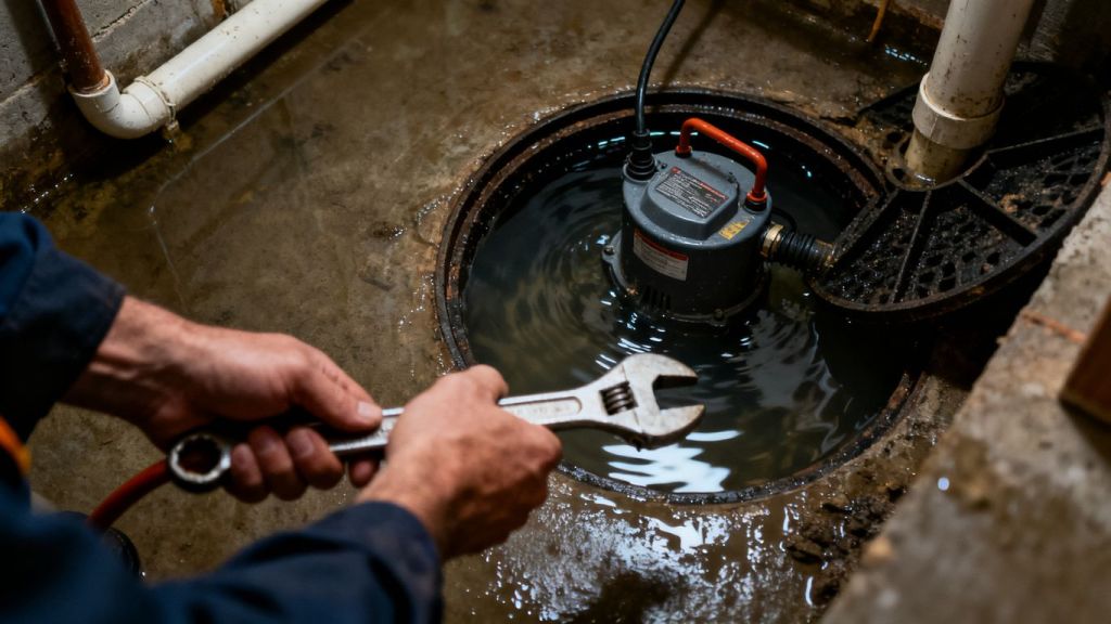 Flooded basement with sump pump and plumber.