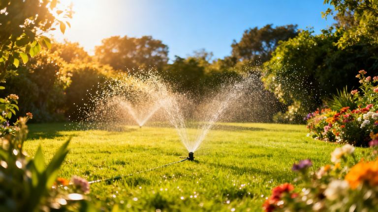 Lush green lawn with active sprinklers and colorful flowers.