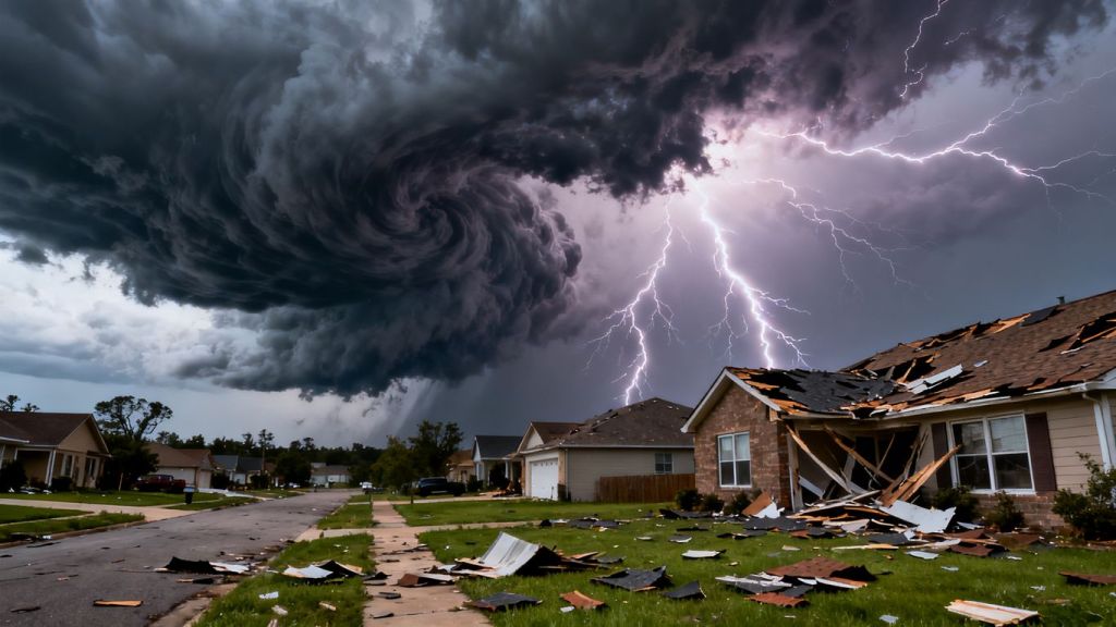 Storm clouds and damaged homes after a wind and hail event.
