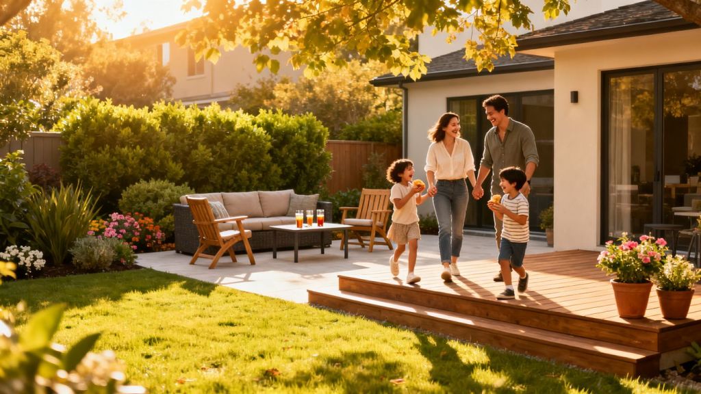 Happy family enjoying a renovated backyard patio during summer.