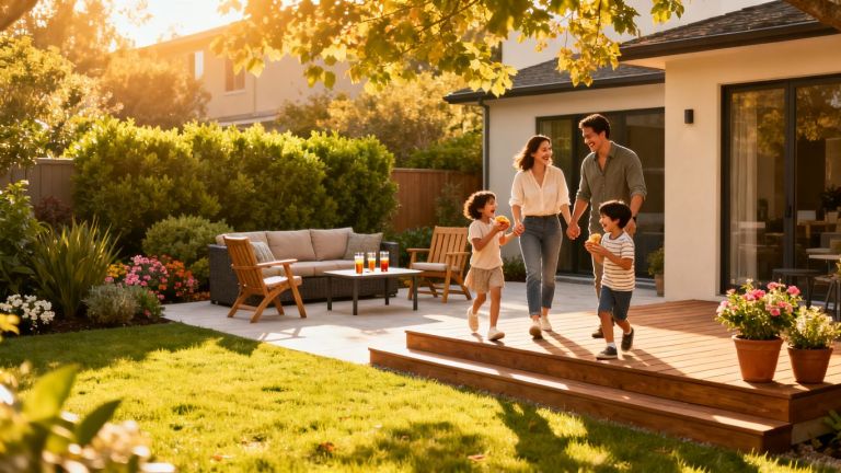 Happy family enjoying a renovated backyard patio during summer.