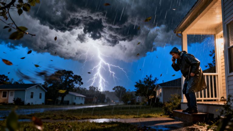 Homeowner quickly answers phone during sudden storm spike.