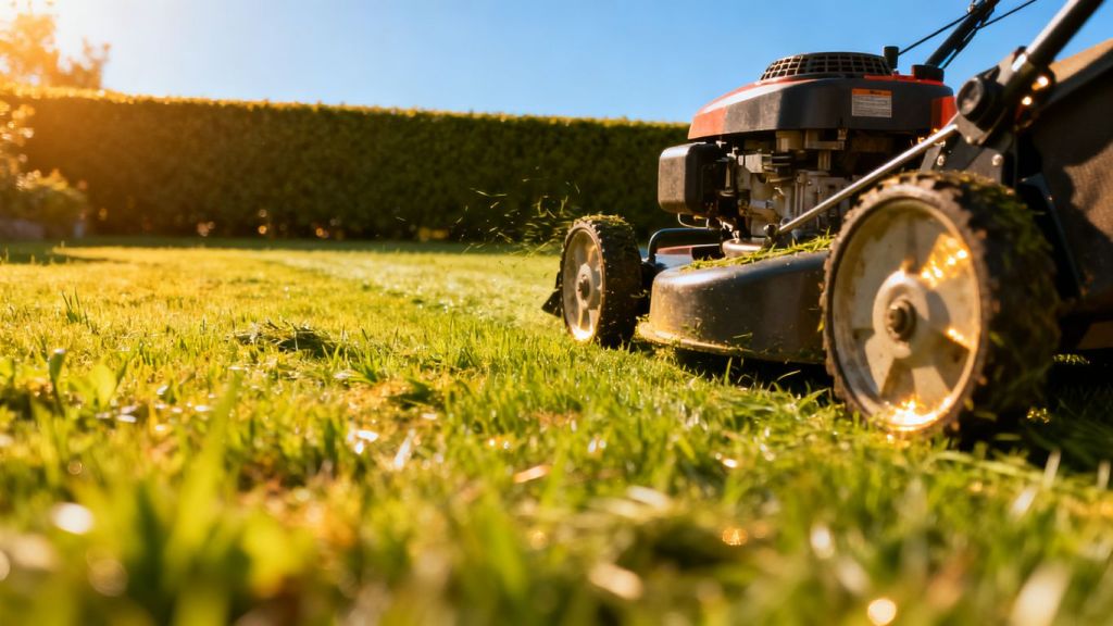 Lawnmower on a freshly cut green lawn.