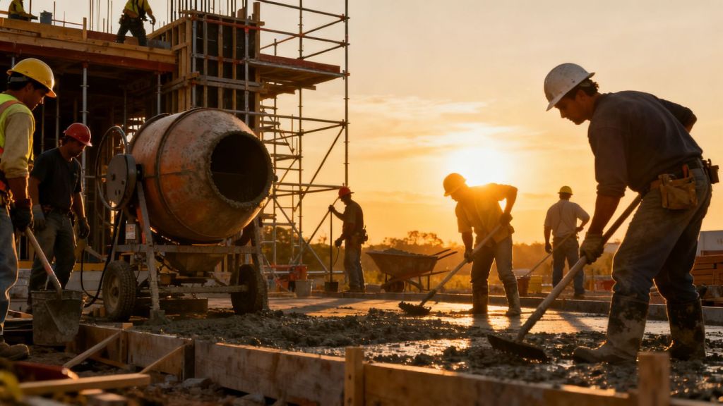 Construction crew working late during peak season.