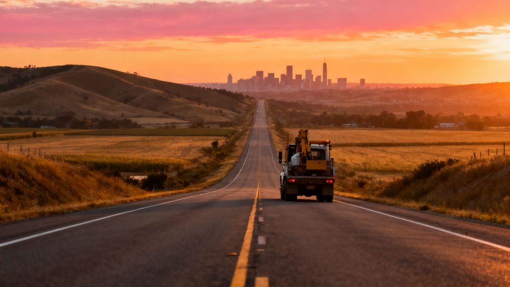 Contractor truck crossing state line towards city skyline