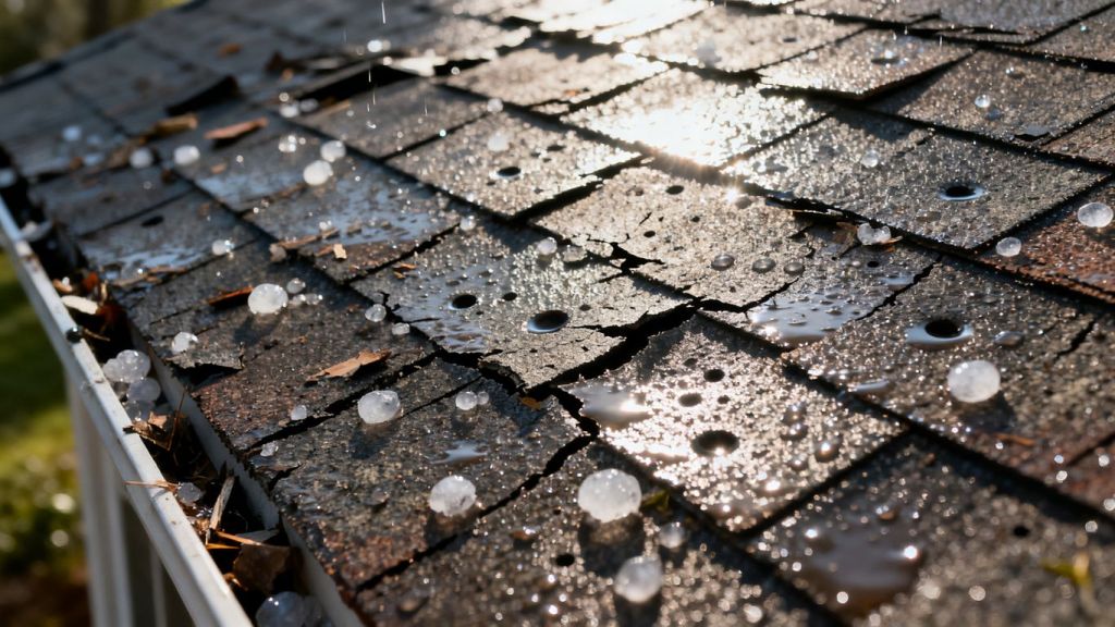 Damaged roof after a hailstorm with visible impacts.