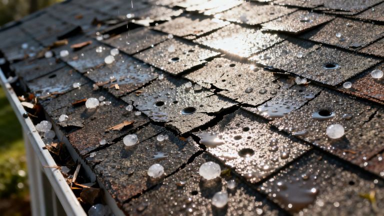 Damaged roof after a hailstorm with visible impacts.