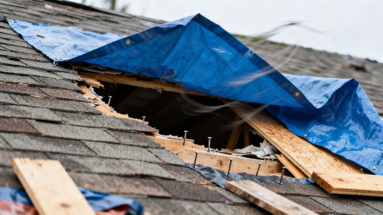 House roof tarped and boarded up after storm damage.