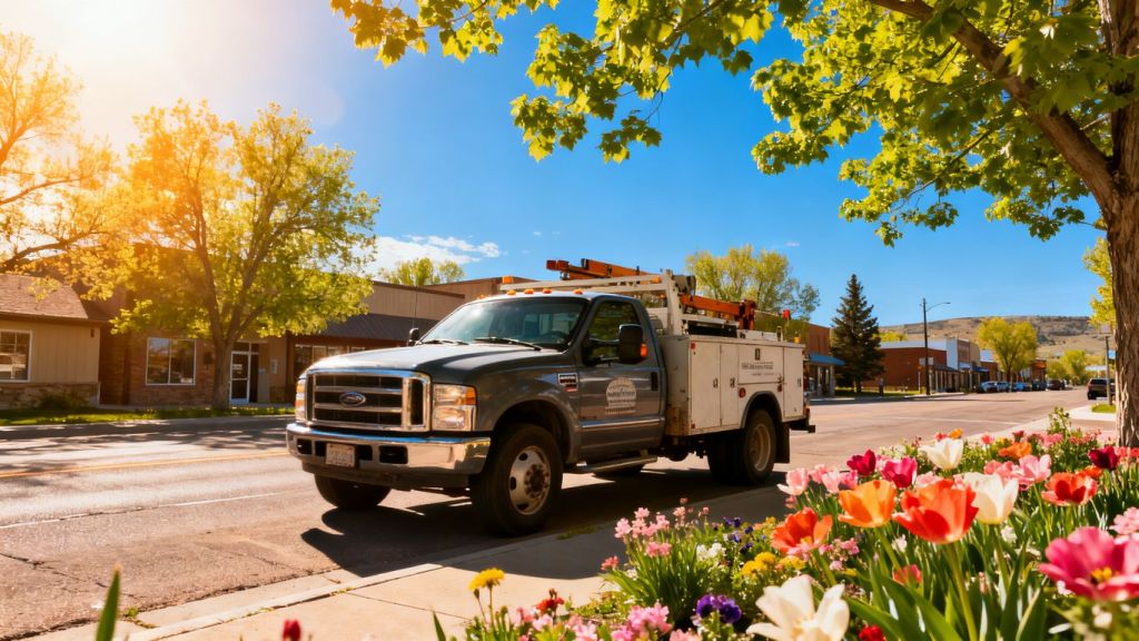 Contractor truck in a blooming Sheridan, Wyoming spring scene.