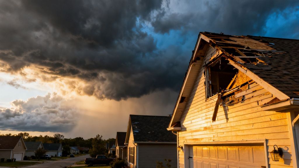 Damaged house roof and siding after a storm.