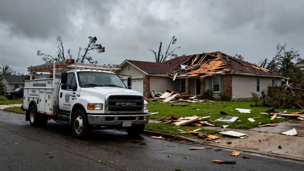 Contractor truck near storm-damaged house.