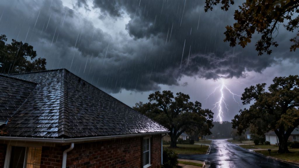 Stormy sky over a house with a secure roof.