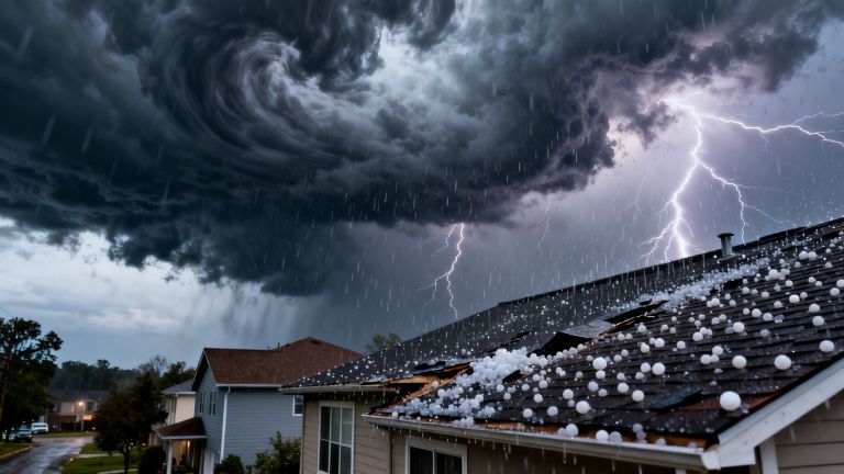 Storm clouds and hail over residential rooftops.