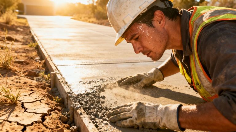 Concrete contractor working in hot weather on a driveway.