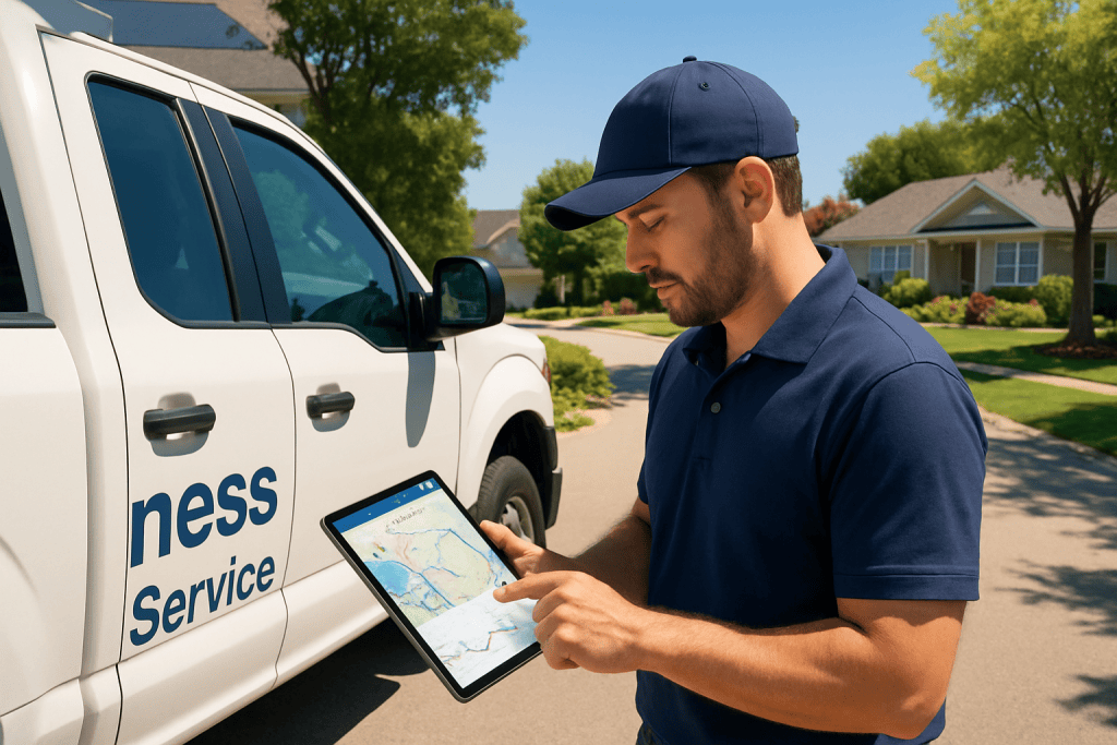 A technician in a navy cap and polo reviews a map on a tablet beside a white service van in a suburban neighborhood.