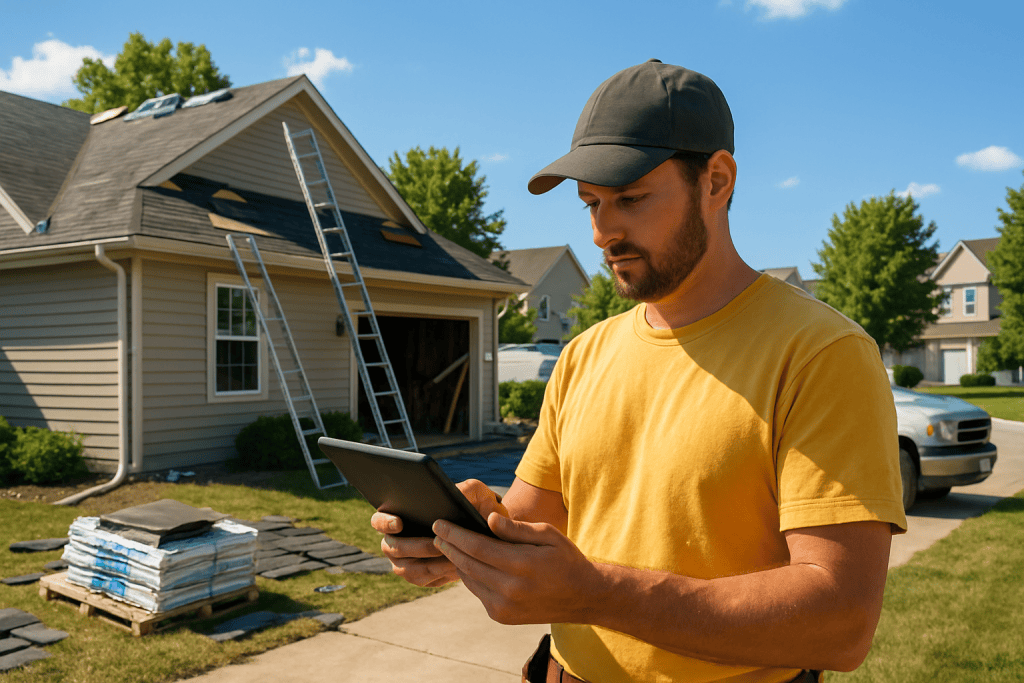 Contractor in a yellow shirt and cap uses a tablet outside a house undergoing roof repair, with ladders and materials nearby.