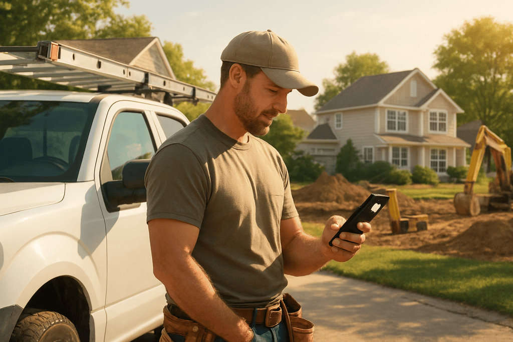 Construction worker in a cap checks his phone beside a white pickup with a ladder on top; a house under construction and a yellow excavator in the background.