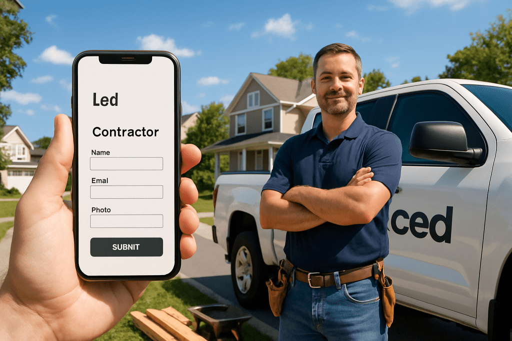 Phone screen shows a 'Lead Contractor' form with fields for Name, Email and Photo and a Submit button, held up in front of a handyman beside a white contractor truck in a suburban yard.