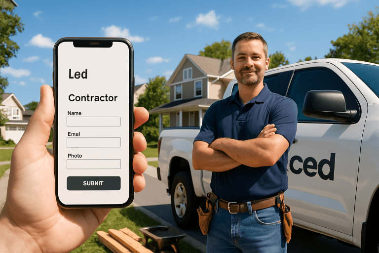 Phone screen shows a 'Lead Contractor' form with fields for Name, Email and Photo and a Submit button, held up in front of a handyman beside a white contractor truck in a suburban yard.