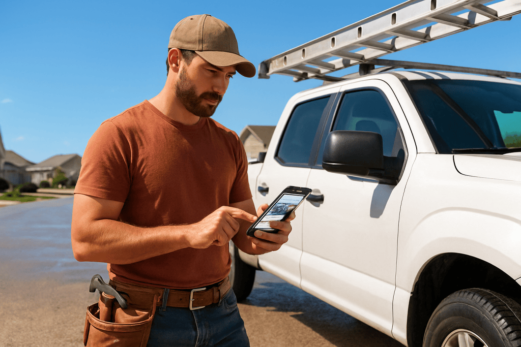 Handyman in a brown t-shirt and cap using a smartphone beside a white utility truck with a ladder rack on a suburban street.