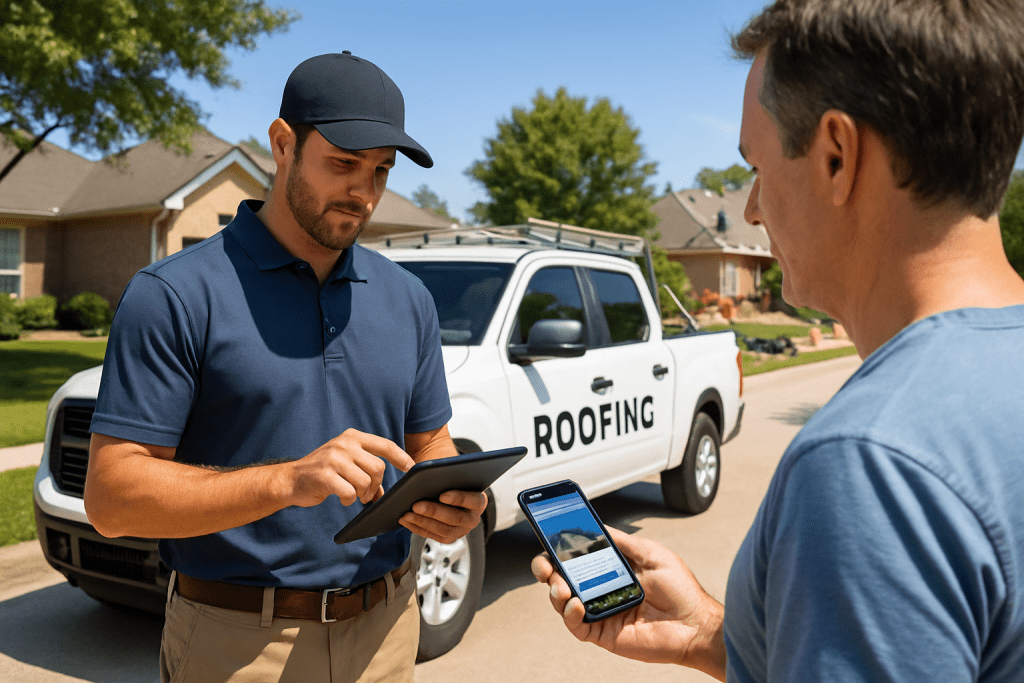 Rooﬁng contractor showing tablet to a customer beside a white ROOFING truck in a suburban neighborhood.