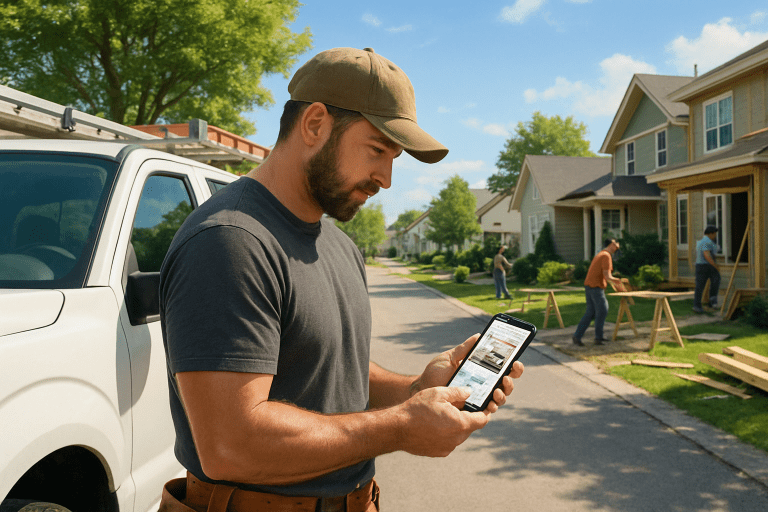 Contractor wearing a cap and dark t-shirt checks plans on his smartphone beside a white work truck on a suburban street.