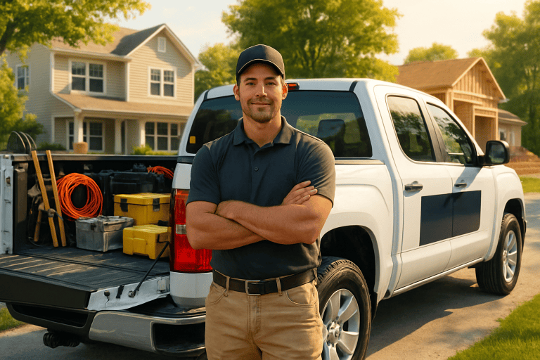 Tradesperson stands with arms crossed beside a white pickup truck loaded with tools in a suburban street neighborhood.